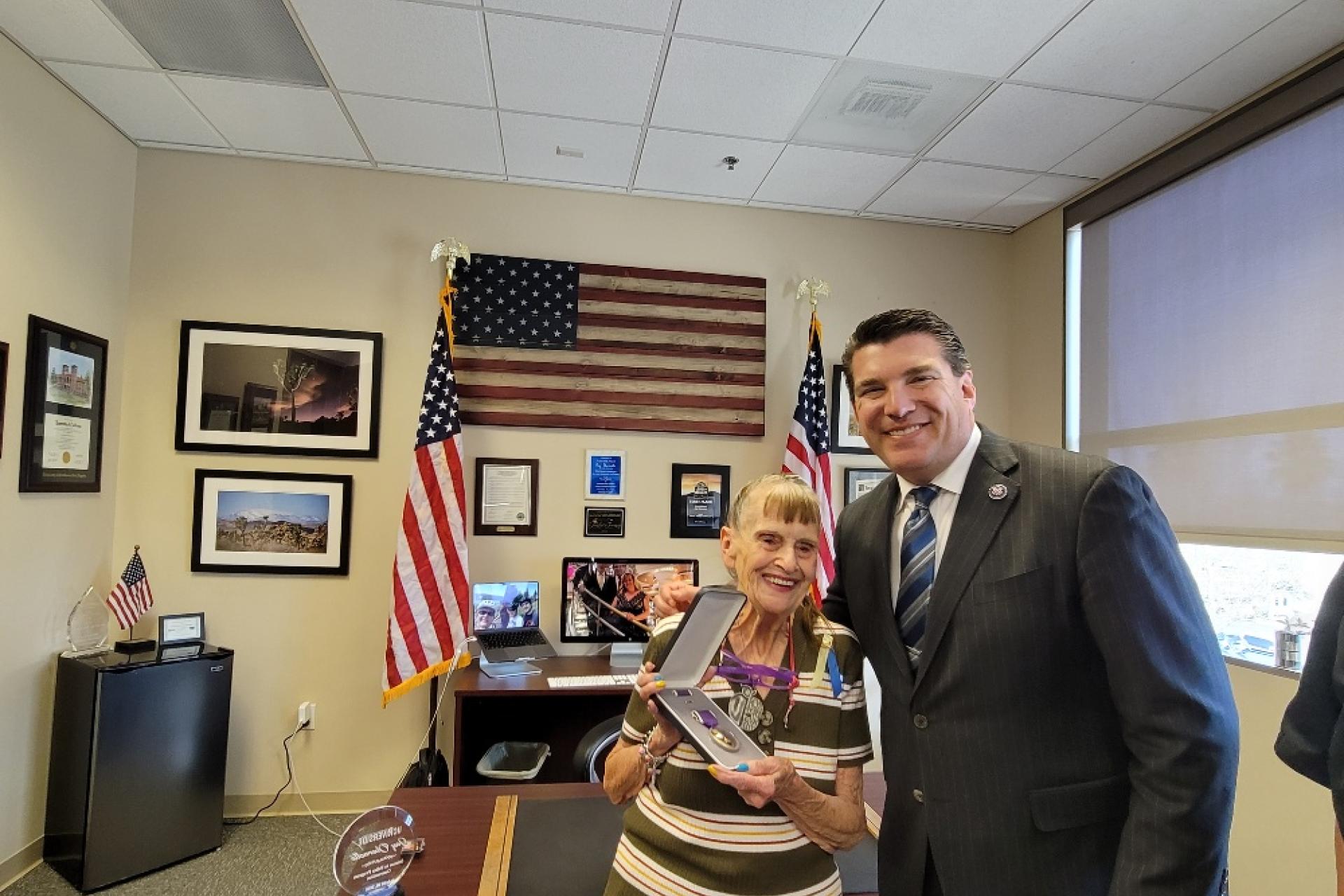 PFC Hodgson widow Carolyn with Rep. Obernolte at Purple Heart presentation