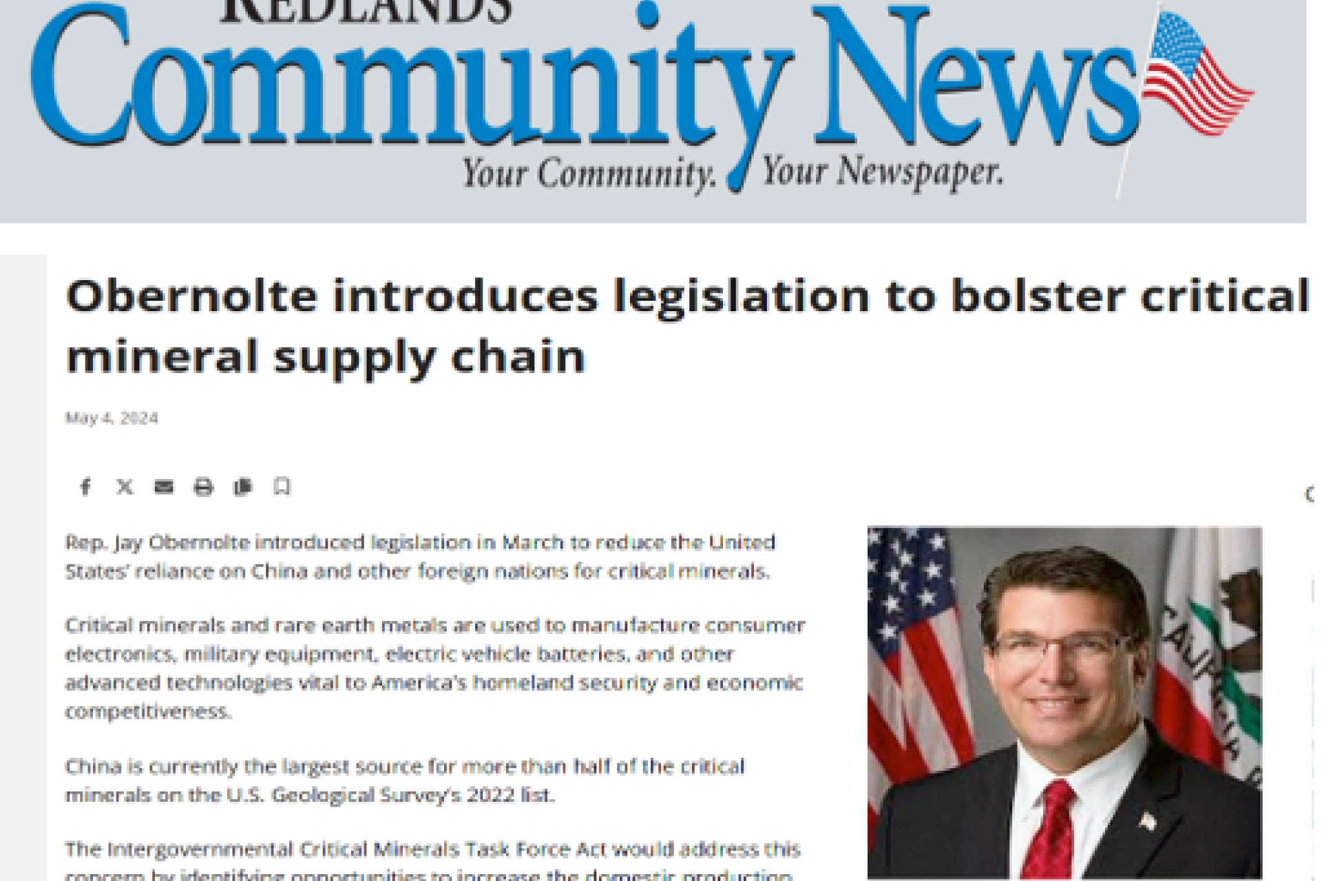 Redlands Community News Article on Rep. Obernolte
