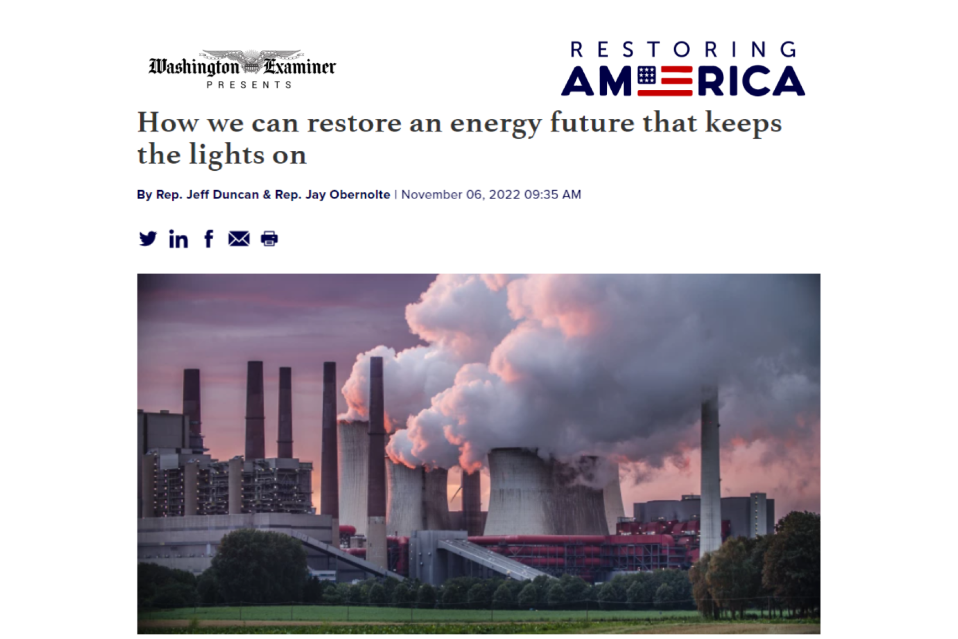 Washington Examiner Headline: How we can restore an energy future that keeps the lights on