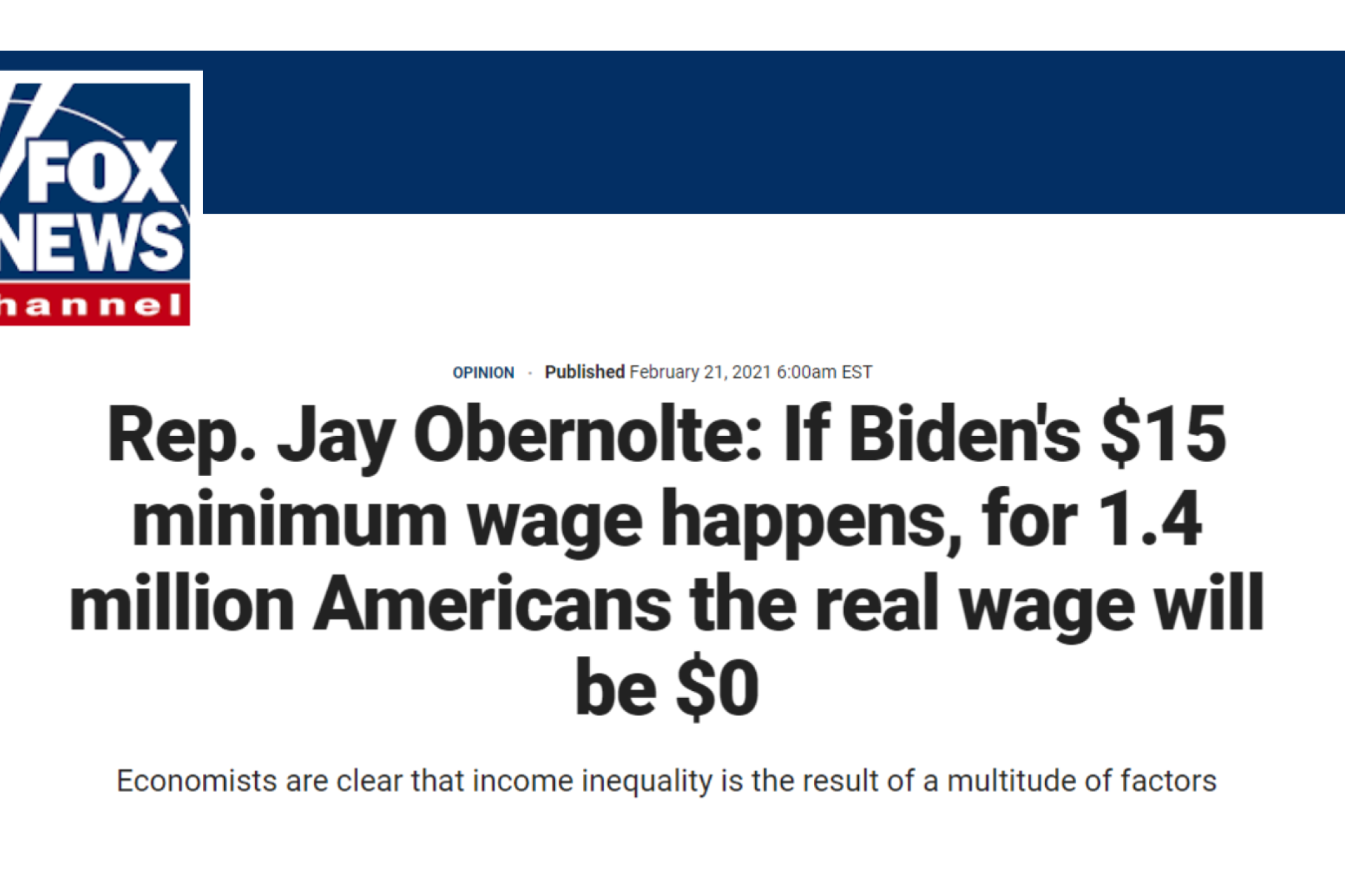 Fox News headline: Rep. Jay Obernolte: If Biden's $15 minimum wage happens, for 1.4 million Americans the real wage will be $0