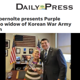 Victorville Daily Press headline: Rep. Obernolte presents Purple Heart to widow of Korean War Army veteran